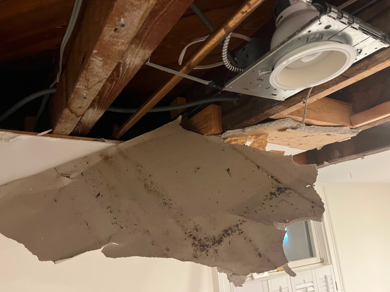 Water stained basement ceiling in Darien, CT before professional drying, before