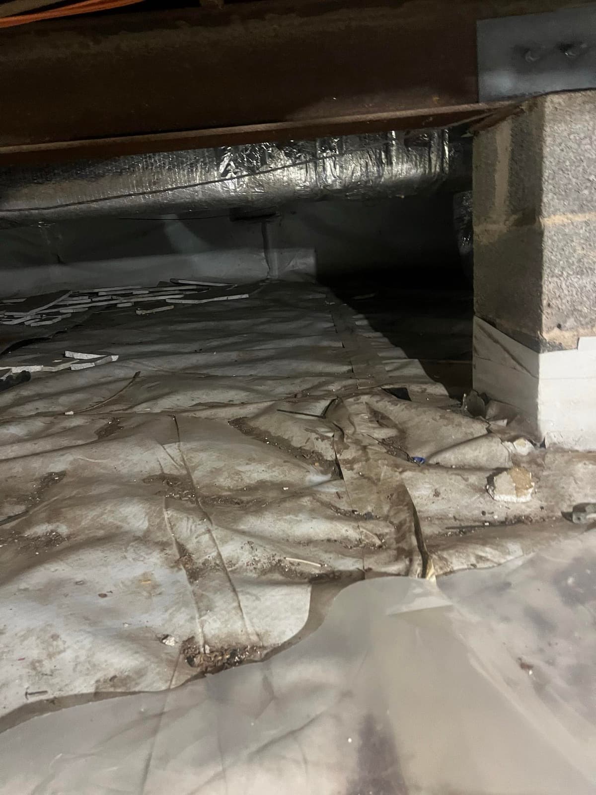 Failed vapor barrier and fallen insulation in a Norwalk, CT crawl space before cleanup, before