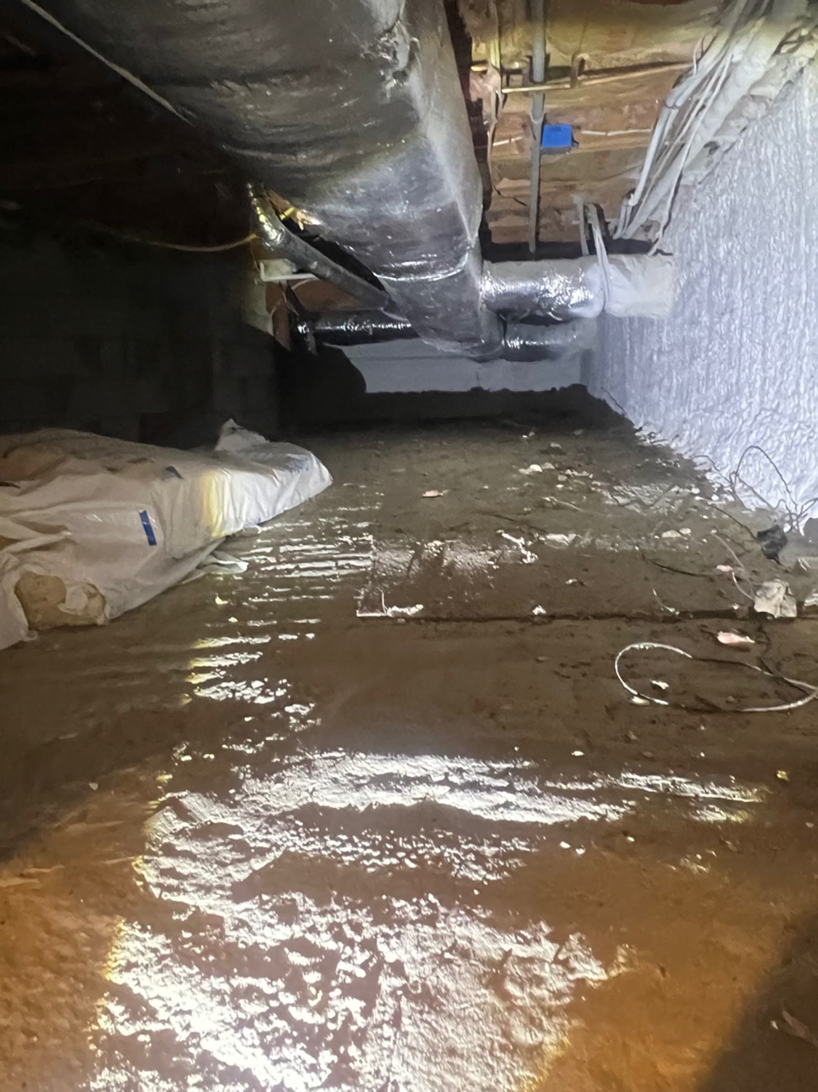 Damp soiled concrete floor of a 900 square foot crawl space under a Waccabuc, NY home before cleaning, before