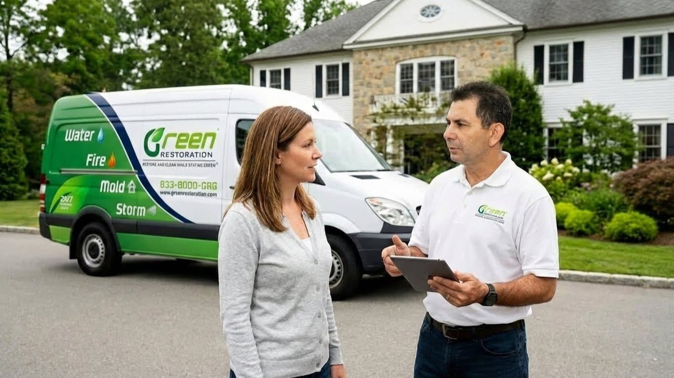 Insurance specialist reviewing a homeowners policy with a customer outside their property