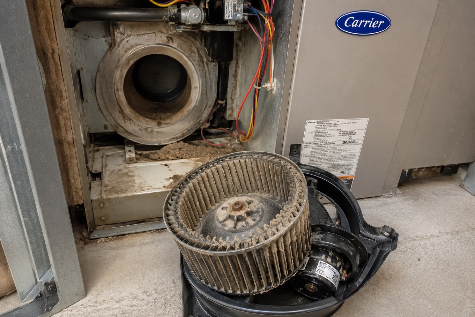 Heavily dust-caked HVAC blower wheel removed from a residential furnace, the embedded dust and allergen load that recirculates through the home until HEPA cleaned by Green Restoration in the tri-state