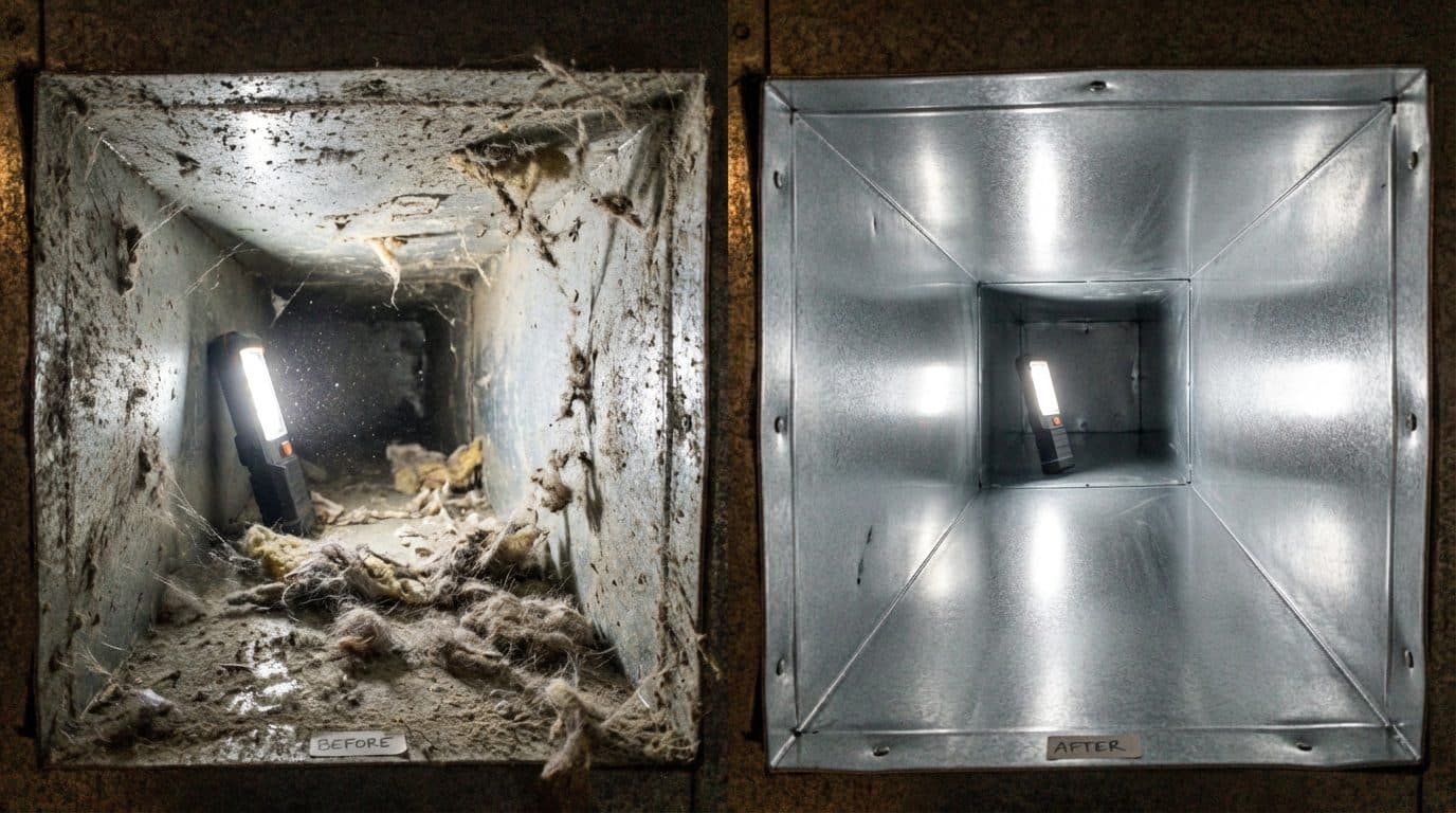 Before and after NADCA source-removal air duct cleaning of a residential galvanized sheet metal HVAC supply trunk in Killingly CT, dust-coated duct walls on the left and clean reflective metal on the right