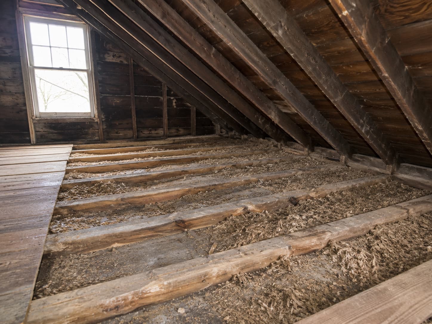 Documentary close-up of a residential attic showing old contaminated insulation and rodent activity on the attic floor during an inspection walkthrough in the tri-state