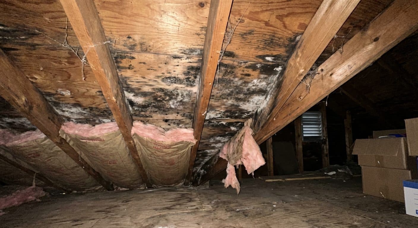 Attic sheathing mold remediation, before and after, before