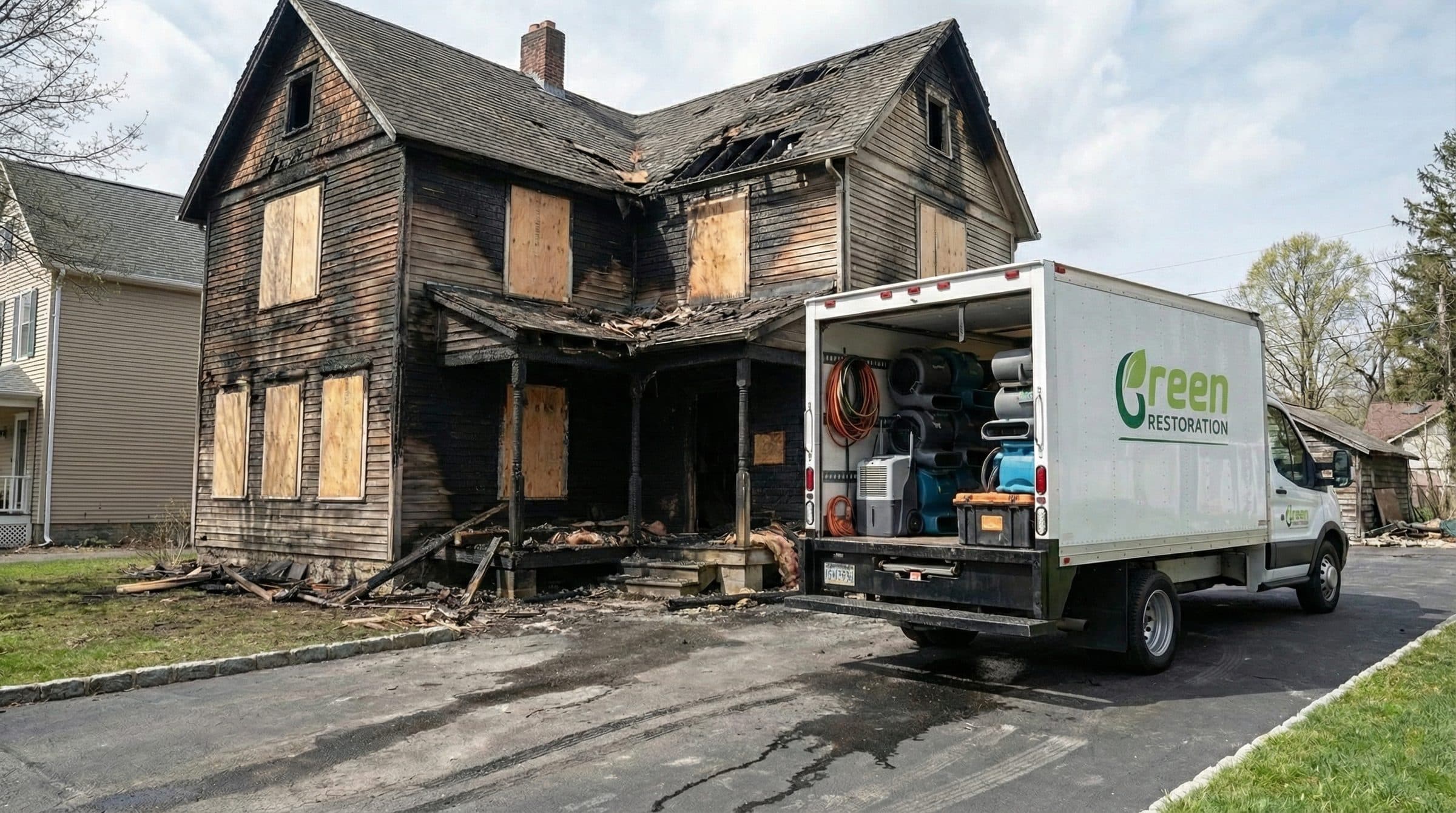 Licensed Green Restoration crew responding with rapid dispatch to secure a fire-damaged residential property in the tri-state