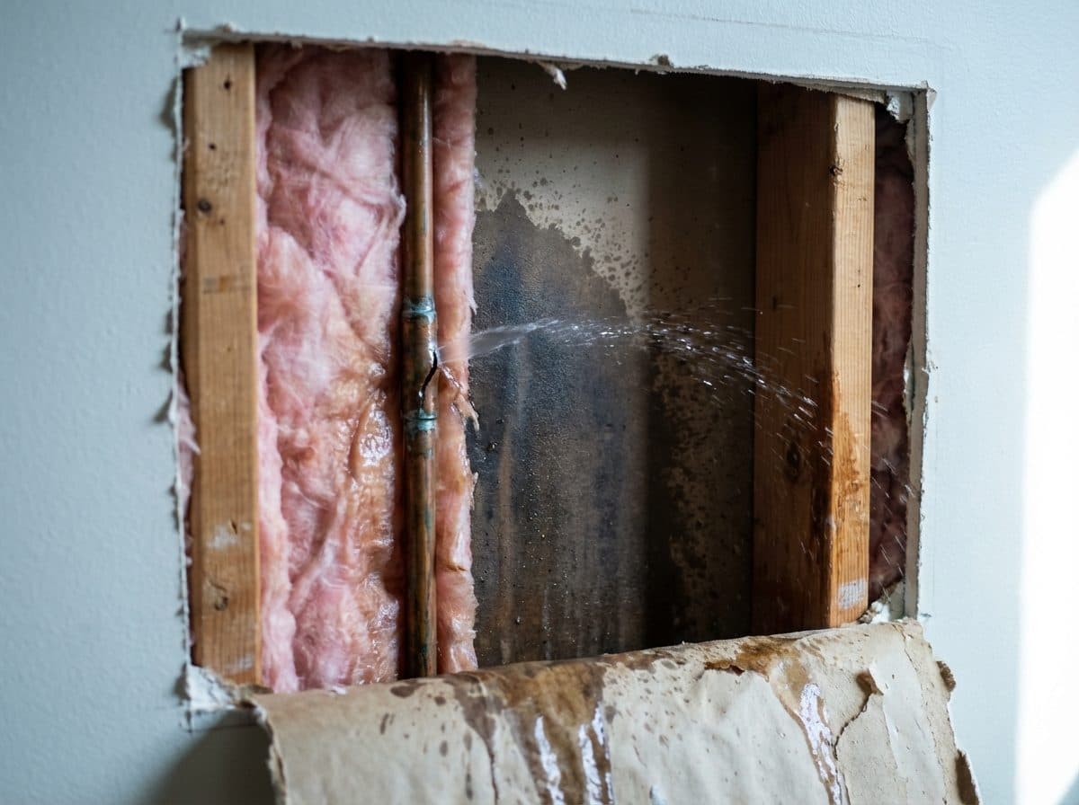 Opened wall cavity exposing a split copper supply pipe after a winter freeze in a Connecticut home