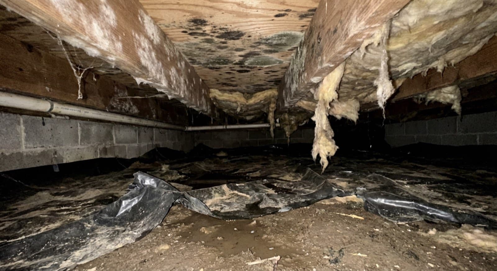 Mold growth on floor joists and subfloor inside a vented crawl space before remediation