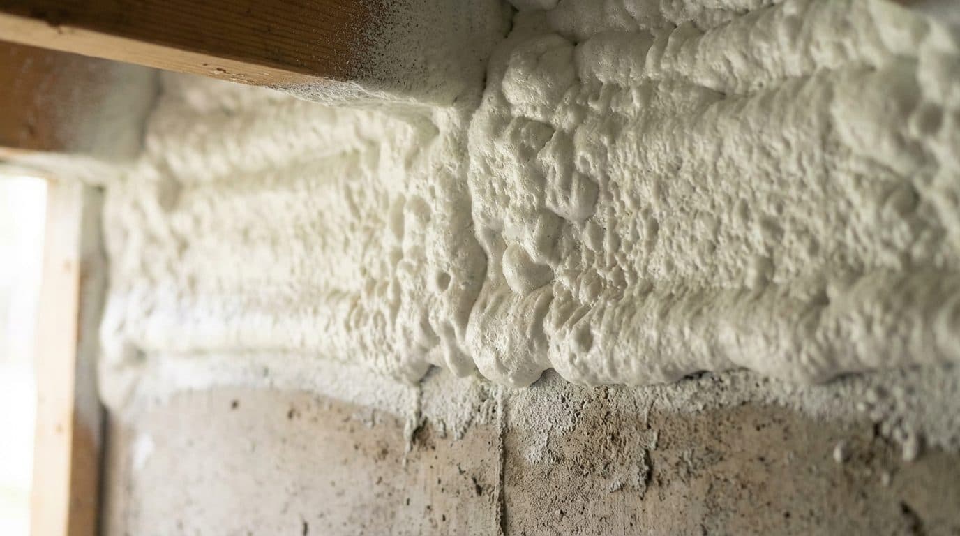 Closed-cell spray foam applied to a crawl space rim joist during a Ansonia CT insulation project