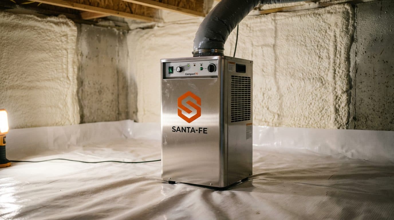 Commercial dehumidifier integrated inside a sealed and encapsulated Ansonia CT crawl space with reinforced vapor barrier