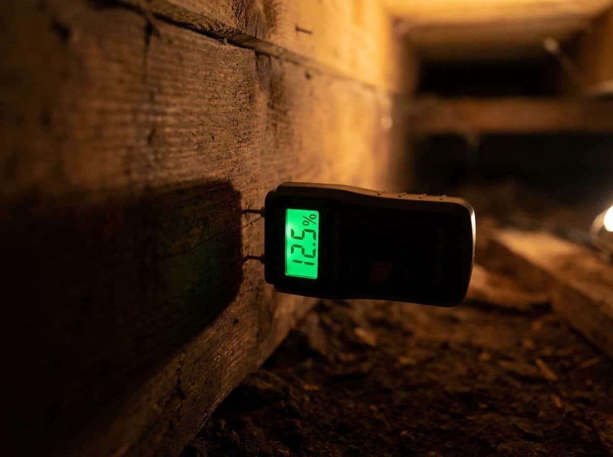 Digital moisture meter reading a wood floor joist inside a Ansonia CT crawl space inspection
