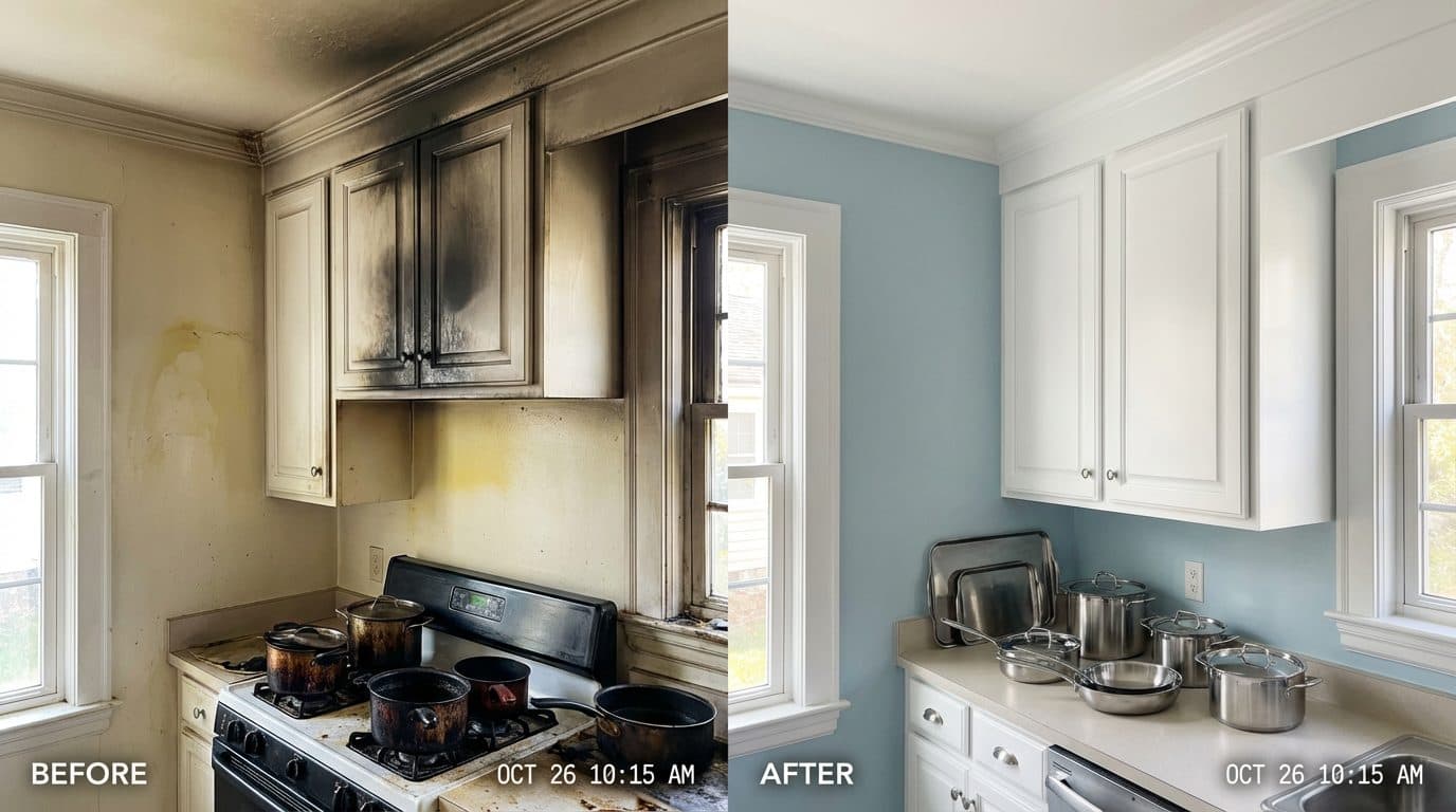 Before and after fire damage restoration in a Peekskill NY property showing IICRC S700 soda blasting char removal, cabinet refinishing, and ceiling repaint