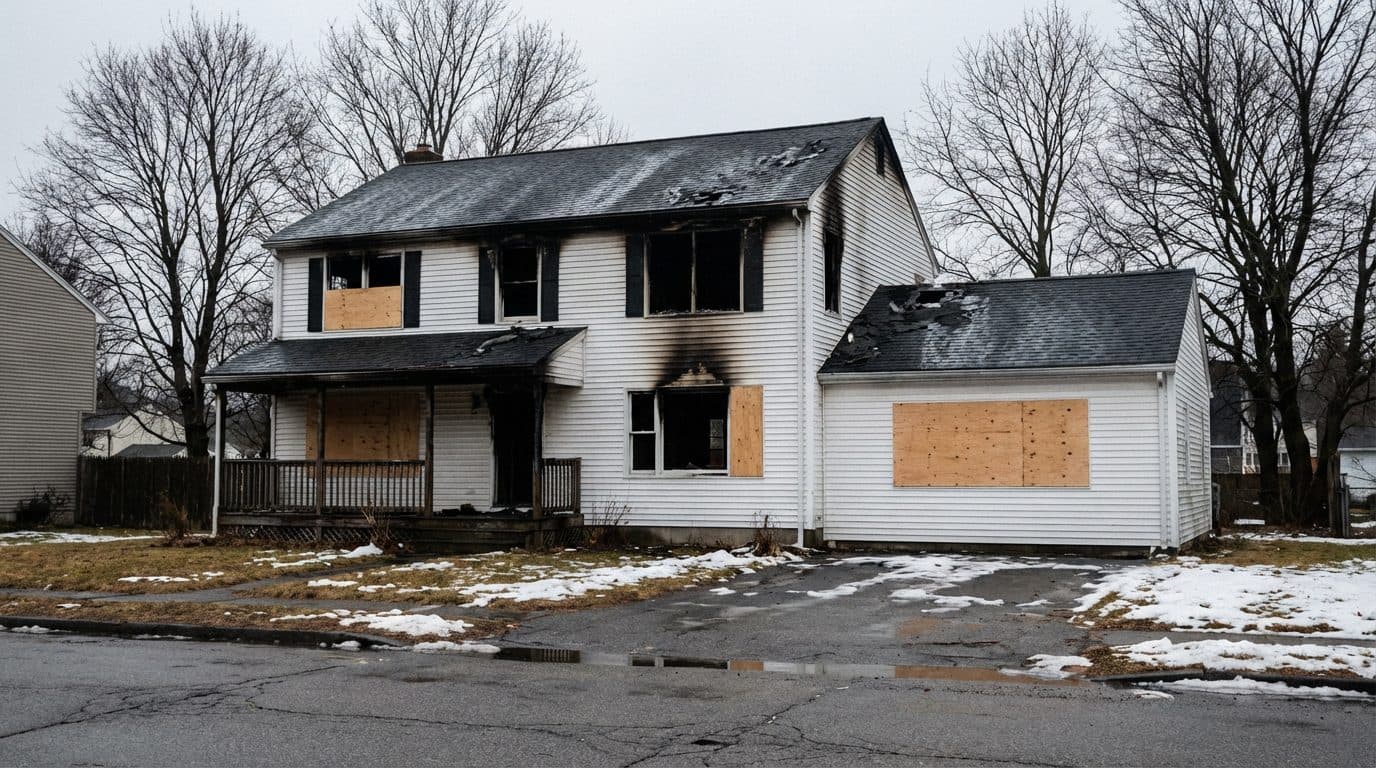 Exterior of fire-damaged New England Colonial home in Westchester County NY with boarded windows, scorched white clapboard, and patchy late-winter snow on the lawn