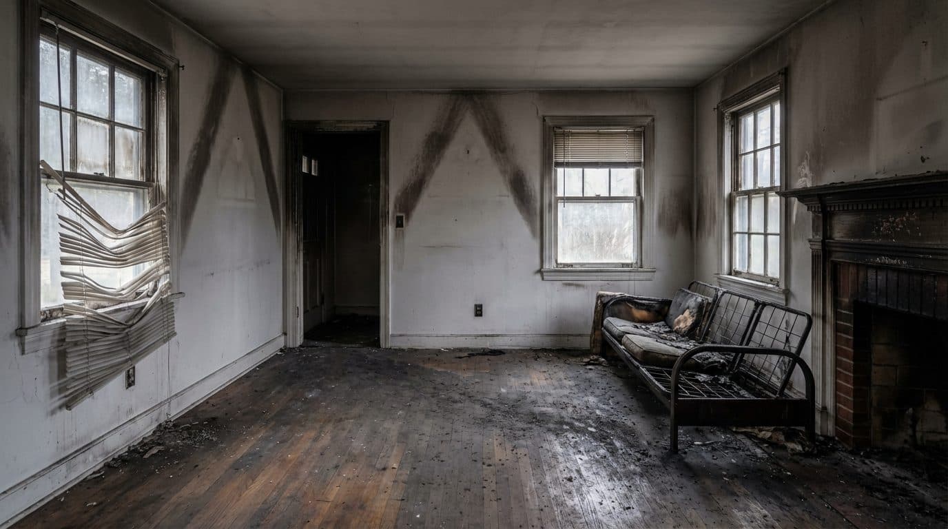 Smoke-stained residential living room with heavy soot residue on the walls and ceiling, the persistent odor source treated during a Green Restoration odor removal project in the tri-state