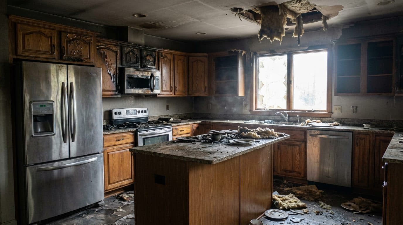 Kitchen interior with fire and smoke damage across cabinets and walls before restoration in a Connecticut home