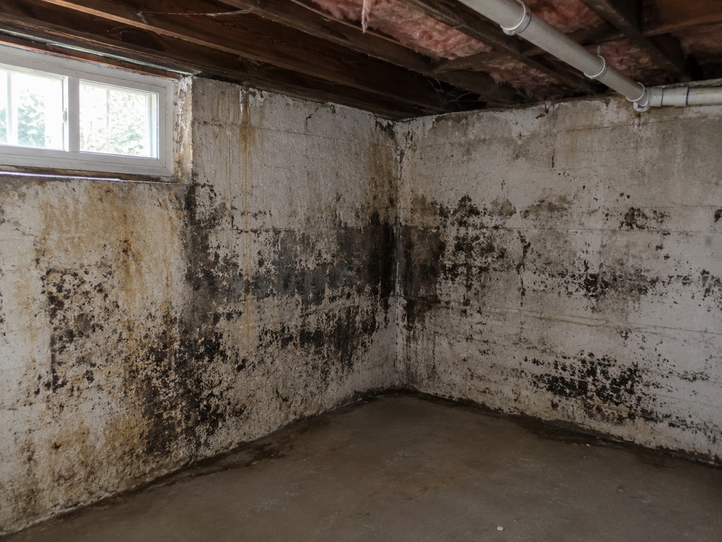 Black mold spreading across poured concrete foundation walls in a damp basement during IICRC S520 mold remediation in a Connecticut home