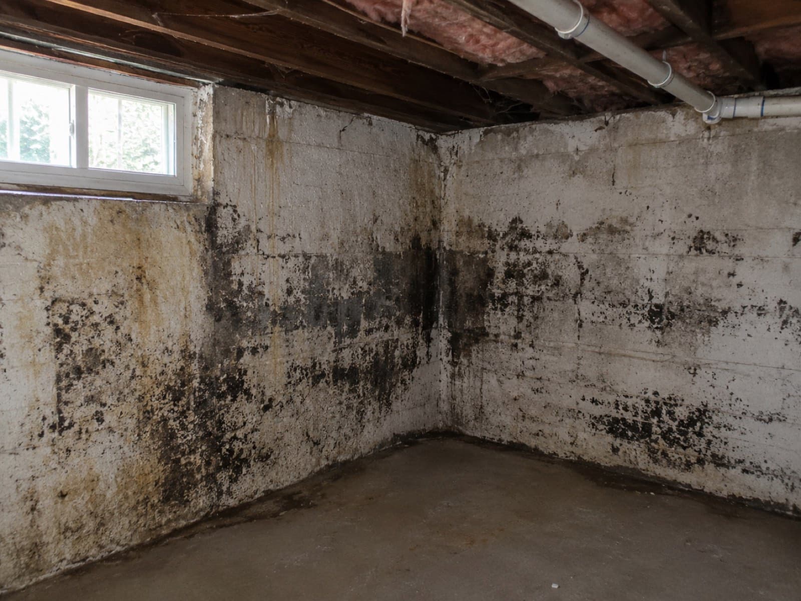 Mold growth across a basement foundation wall in a Connecticut home before remediation