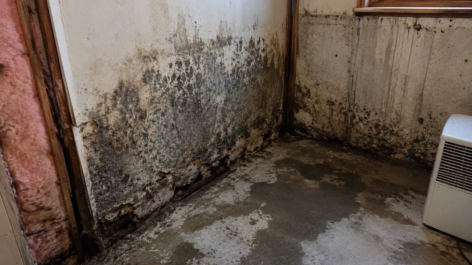 Black mold spreading across a foundation wall and concrete floor beside exposed fiberglass insulation in a Bernardston Massachusetts home before IICRC S520 remediation