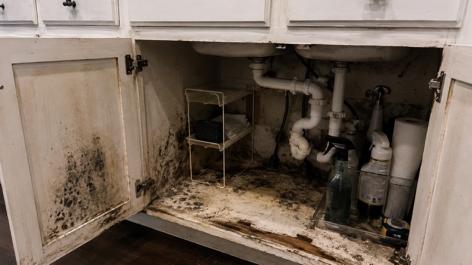 Black mold speckling inside a kitchen sink cabinet around the drain trap, the most common place homeowners first find it