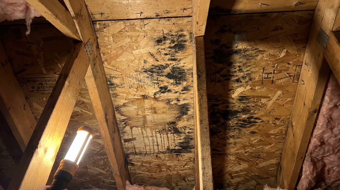 Heavy black mold colonization across OSB plywood roof sheathing between 2x6 wood rafters with pink fiberglass insulation below in a Rye NY attic, documented prior to Green Restoration IICRC S520 mold remediation under the assessor\'s NY Article 32 scope