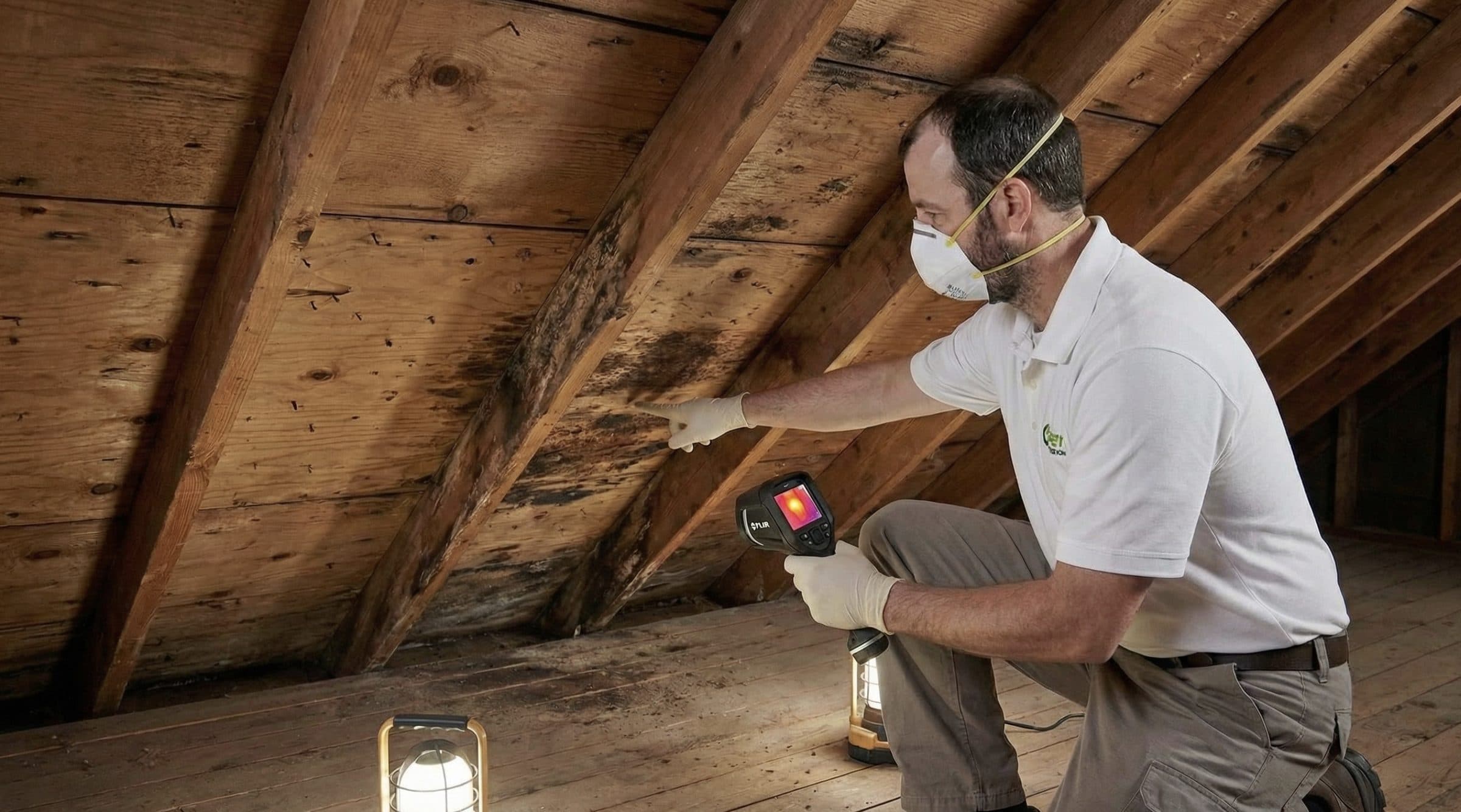 Green Restoration owner measuring moisture with a Tramex meter during a same-day water damage inspection in a Bethany CT home