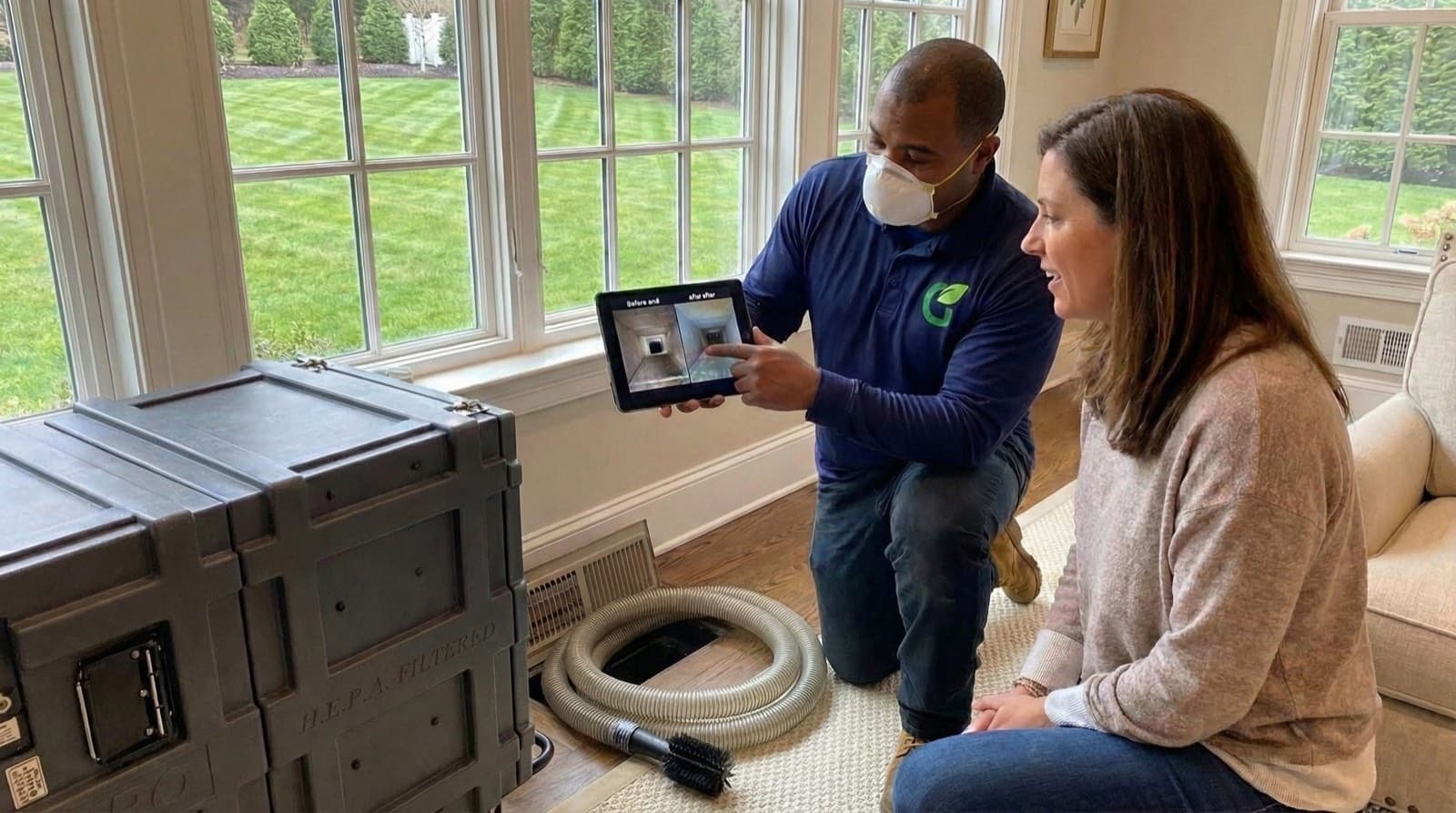 Green Restoration technician showing a homeowner before and after duct interior photos on a tablet beside the HEPA duct cleaning machine