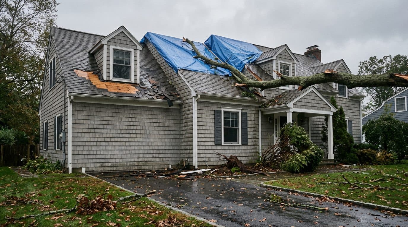 Residential home with a large tree fallen across the roof and an emergency tarp installed after a severe storm and flood event, documented by Green Restoration IICRC S500 crews across the tri-state