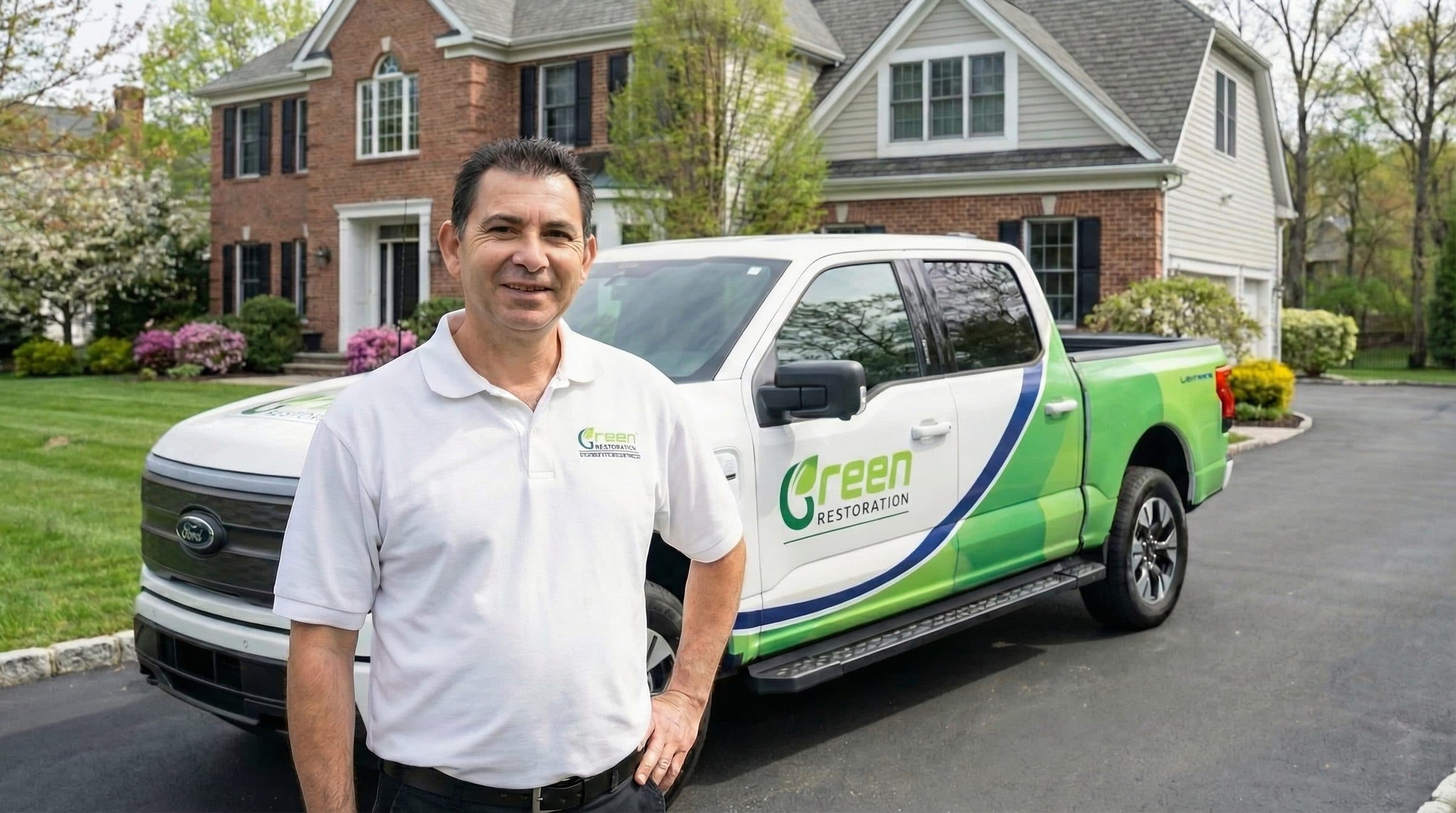 Green Restoration team standing with a branded restoration truck serving CT, NY and MA