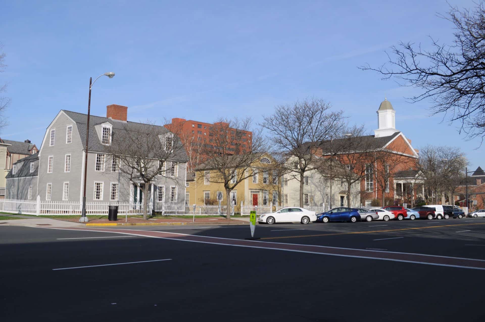 Historic Main Street in Middletown, Connecticut with the First Baptist Church cupola. Green Restoration provides 24/7 water, fire, mold, and storm damage restoration in Middletown, CT.