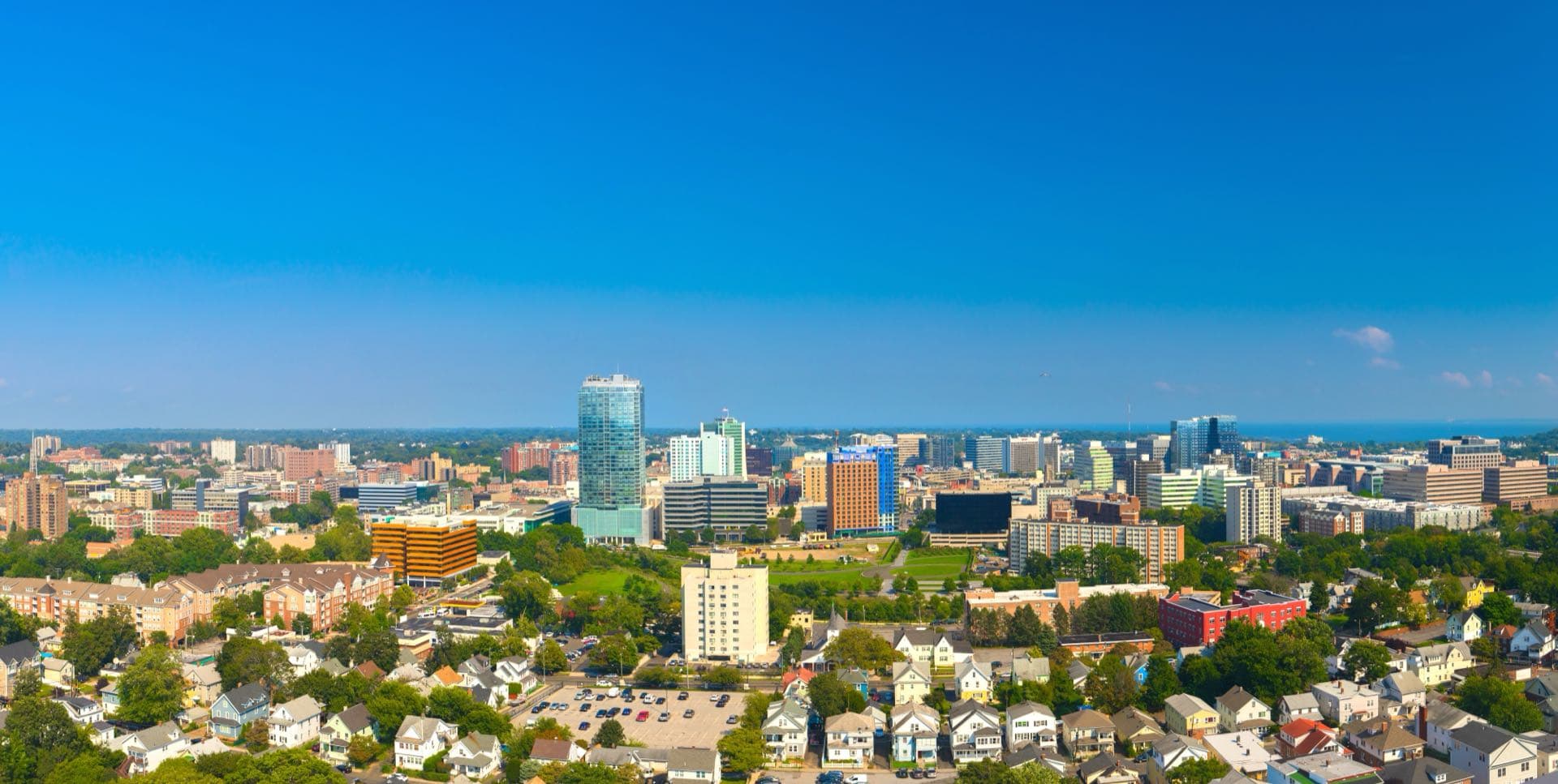 Aerial view of the Stamford, Connecticut downtown skyline served by Green Restoration.