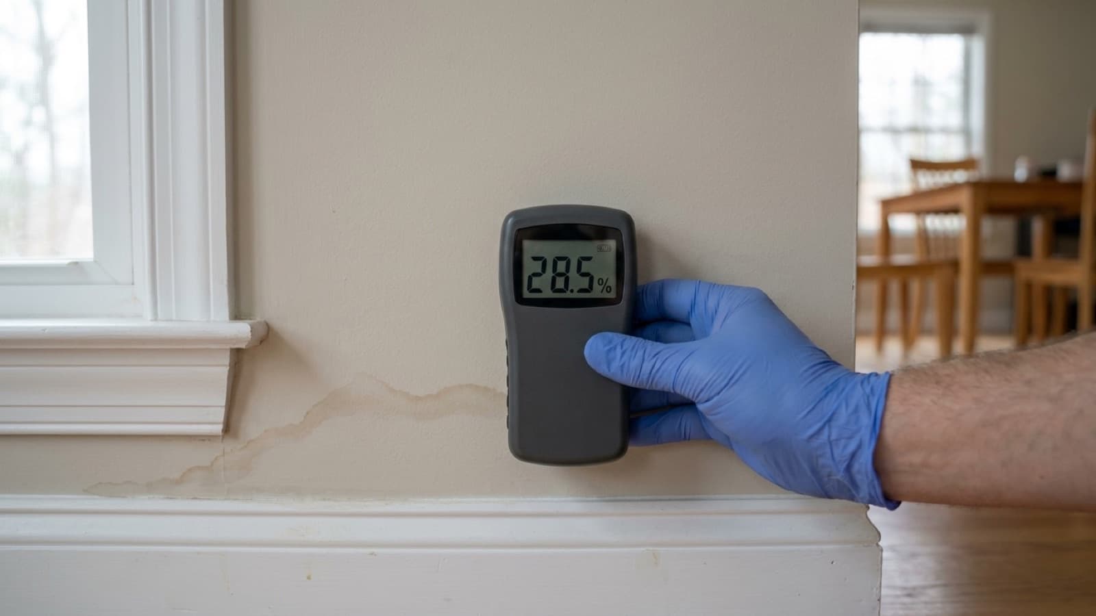Moisture meter reading taken on a water stained wall above the baseboard in an Andover Connecticut home during a Green Restoration water damage inspection
