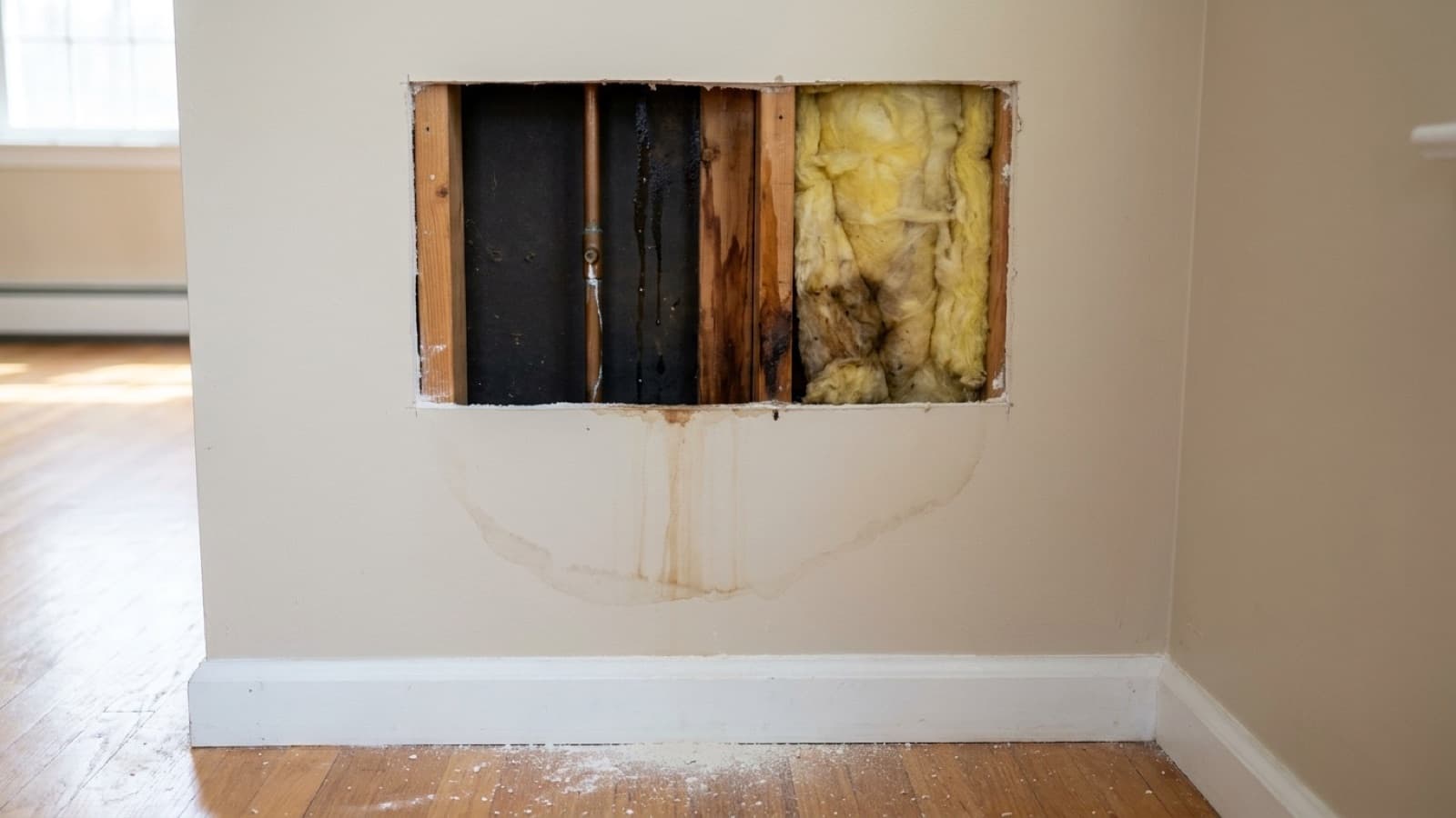 Inspection cut opened in a wall exposing a leaking copper supply line and water stained framing in an Andover Connecticut home, documented by Green Restoration