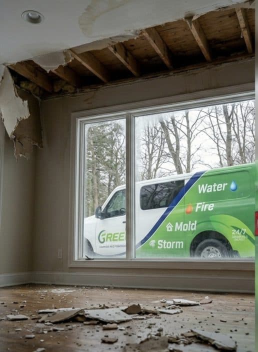Water damage in a Bethany CT pre-1820 colonial fieldstone basement off Amity Road with Green Restoration response vehicle visible