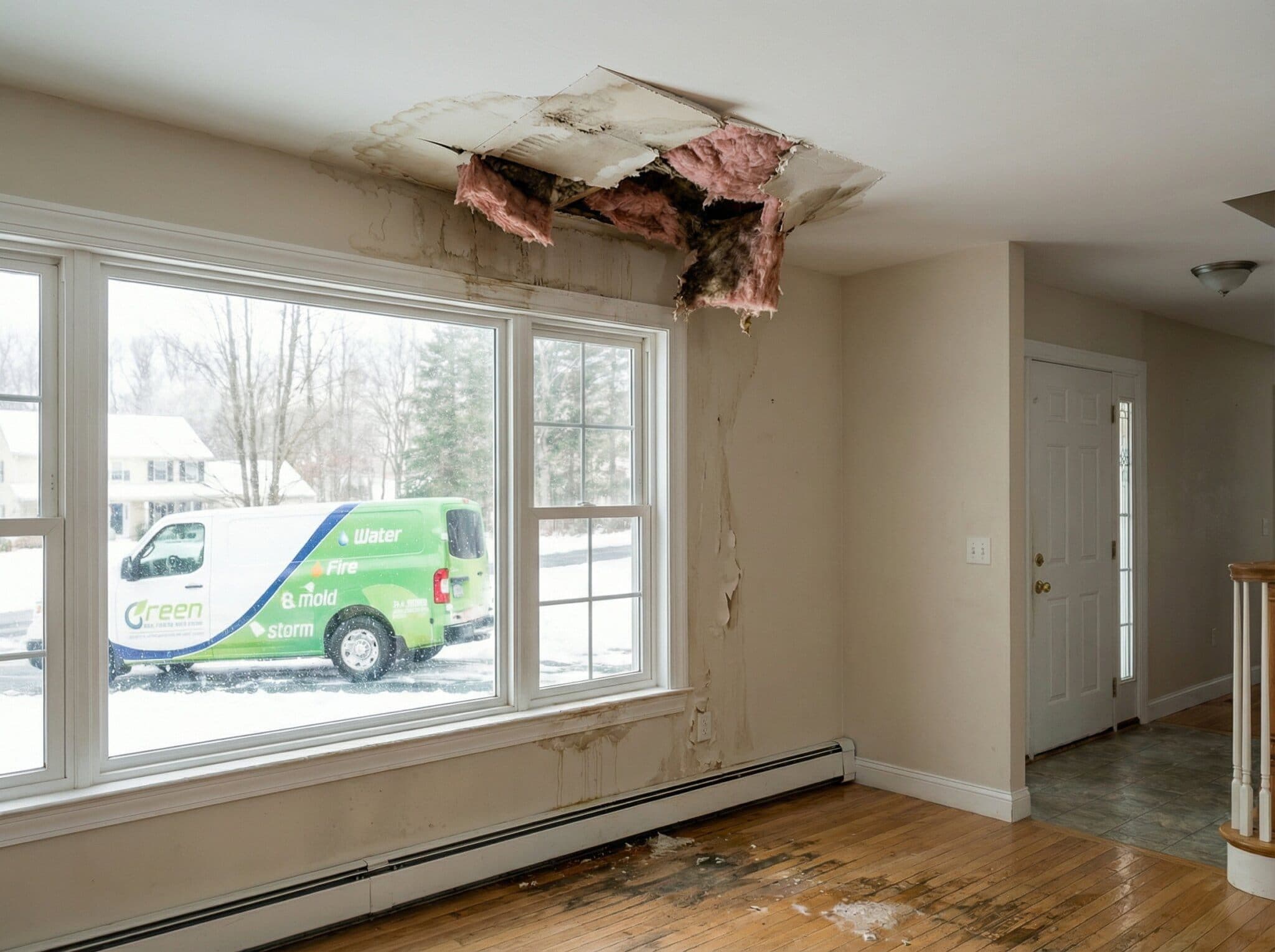 Green Restoration technician assessing water damage in a Hampden County, Massachusetts home