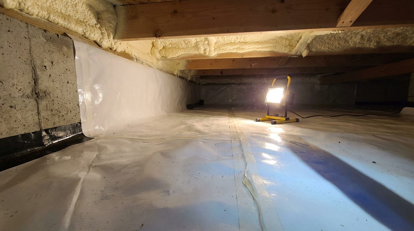 Sealed and encapsulated Ridgefield CT crawl space with white vapor barrier and spray foam insulation completed under Energize CT Home Energy Solutions